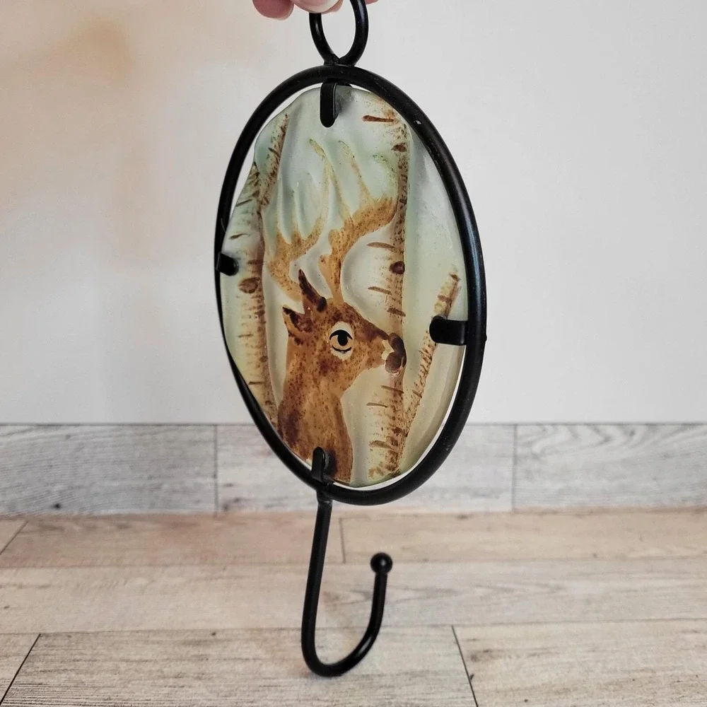 Decorative Stained Textured Glass Deer Trees Suncatcher Coat Hook Hanger Metal